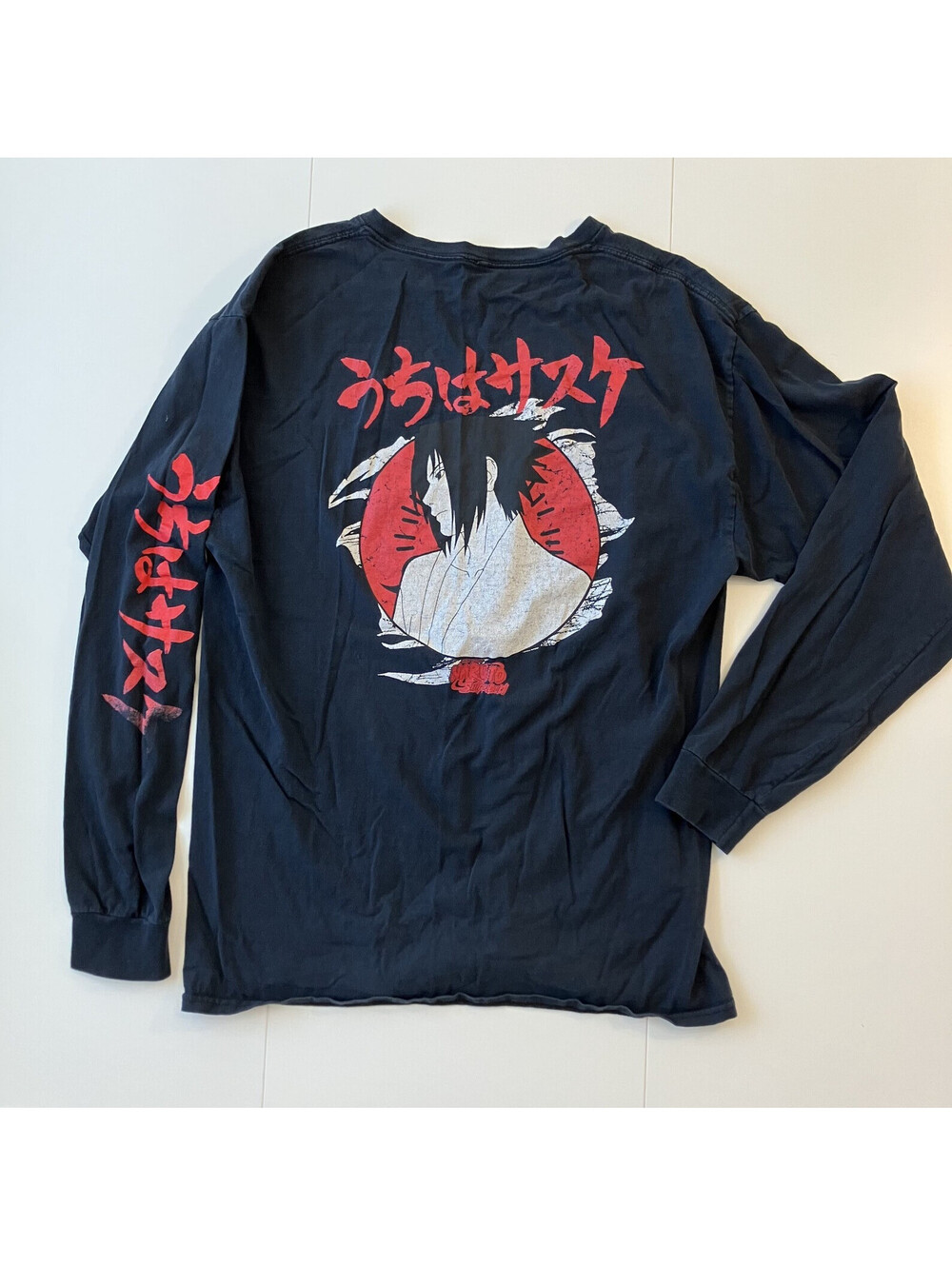 Naruto Shippuden Sasuke Uchiha Men’s Black Long Sleeve Graphic Crew Tee XL FLAWS